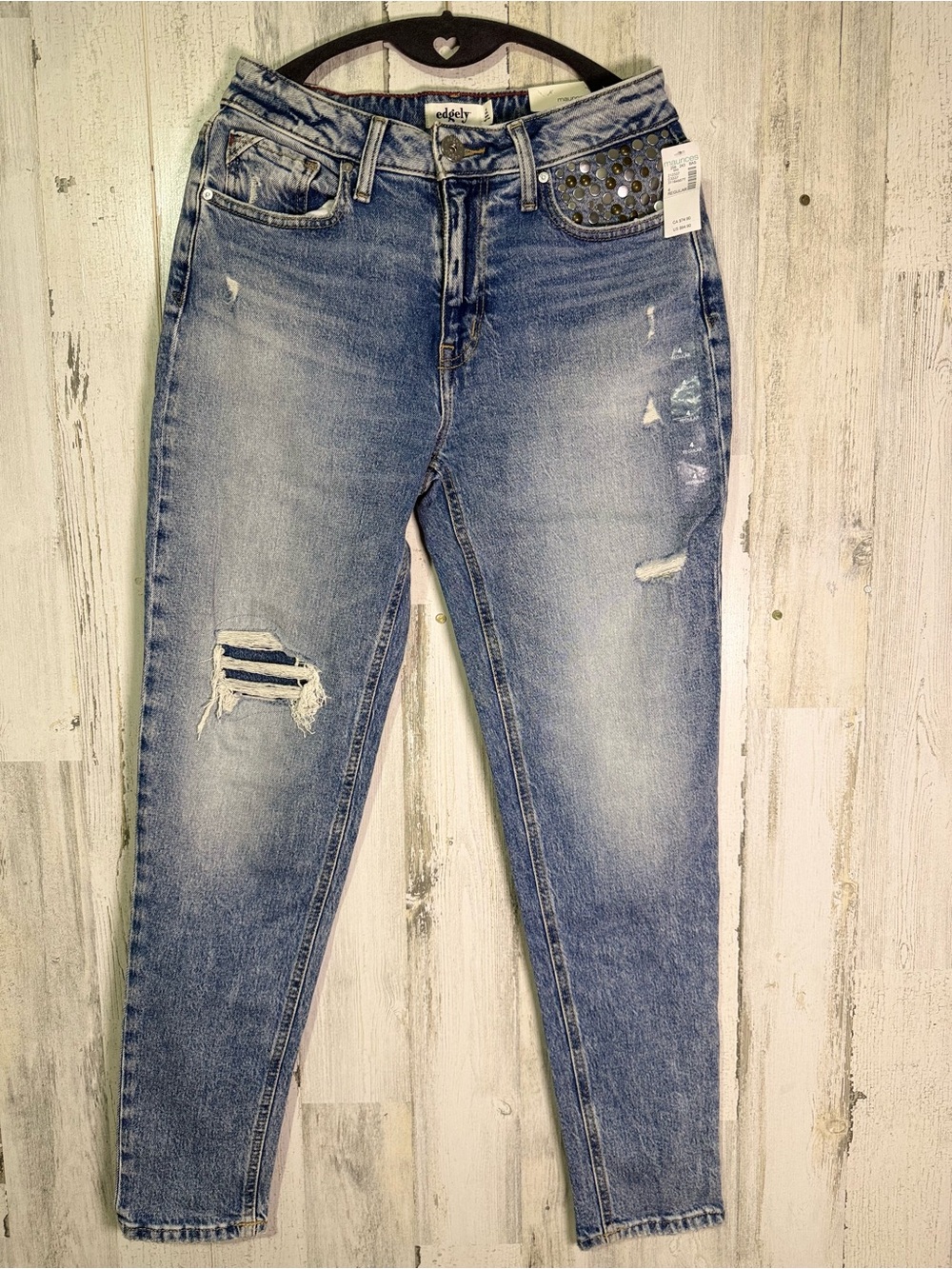 New Maurices Edgely High-Rise 90s Tapered Jeans Distressed Studded 4 Reg